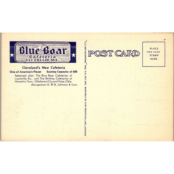 Blue Boar Cafeteria Main Dining Room Cleveland Ohio Linen Unposted PC335 - Picture 2 of 2